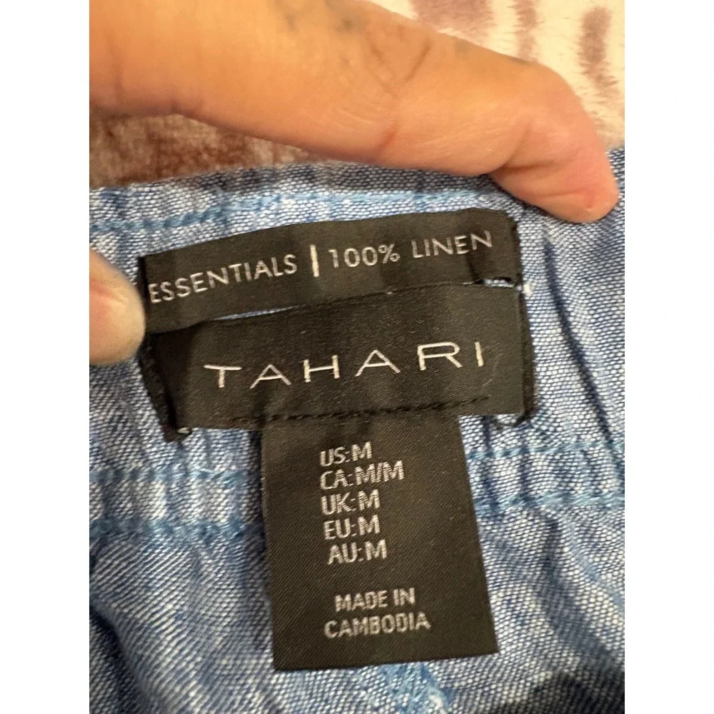 Tahari Essentials 100% Linen Wide Leg Pants Blue Chambray Elastic Waist Mens M